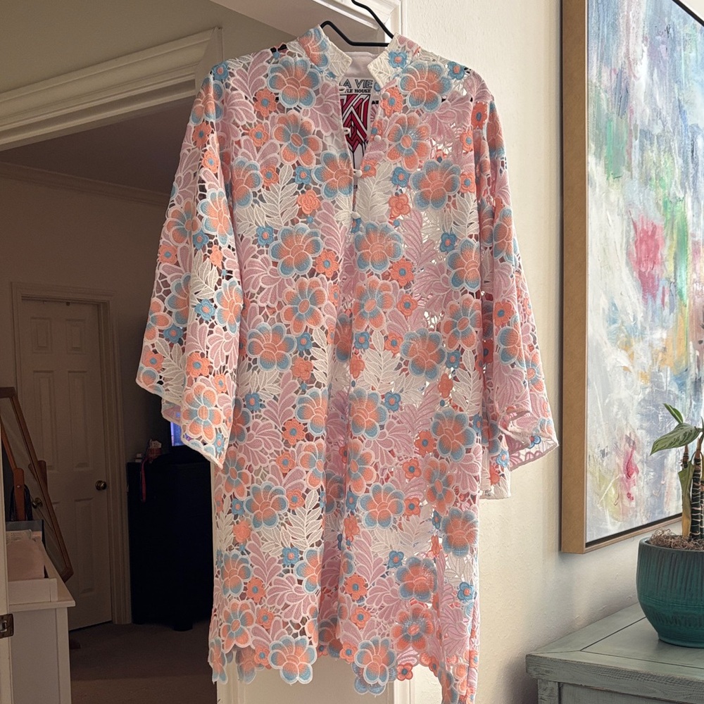 La Vie Style House pink and blue Floral Lace Caftan